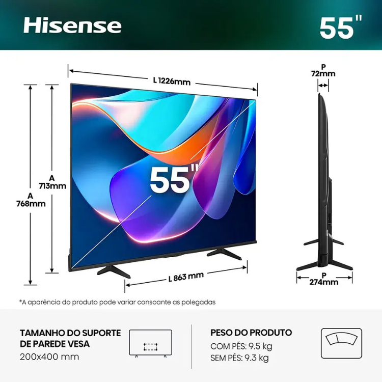 Televisão Hisense A6S (2026) Smart TV 4K LED 55"