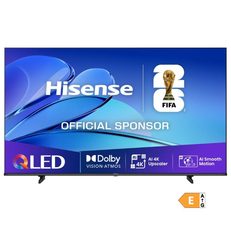 Televisão Hisense E7Q Smart TV 4K QLED 50" azul com logótipos FIFA e Dolby Vision.