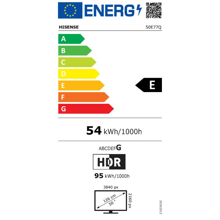 Etiqueta energética Hisense 50E77Q, eficiência E, 54 kWh/1000h.
