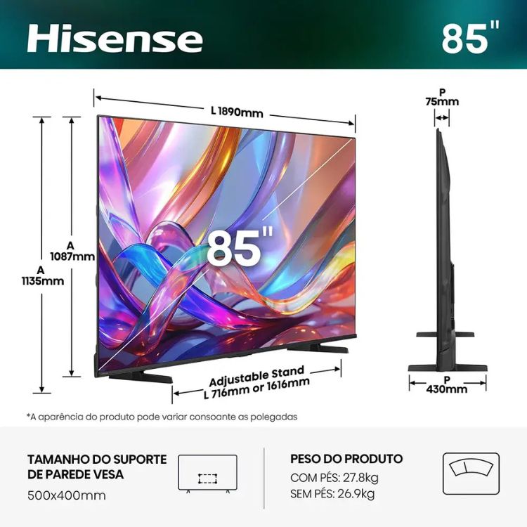 Televisão Hisense E7S (2026) Smart TV 4K QLED 85"