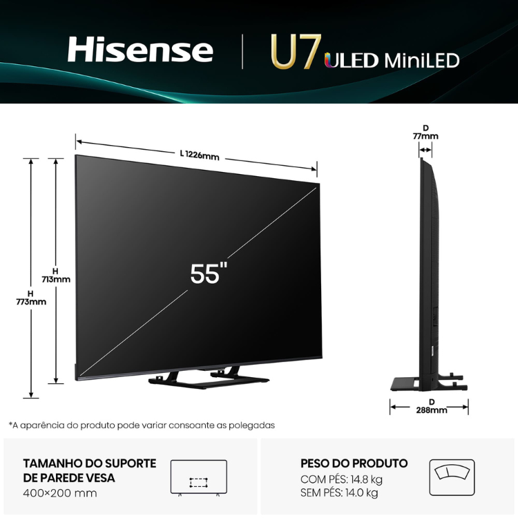Televisão Hisense U7Q (2025) Smart TV 4K Mini-LED 55"