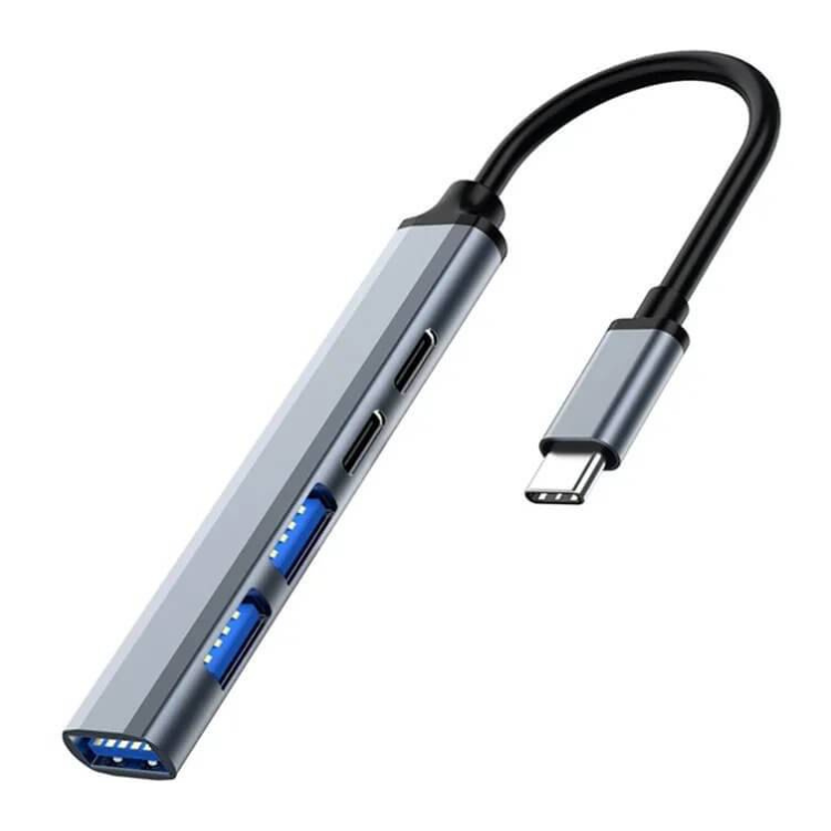 Ewent EW1149 USB-C hub, 5-port, grey, with blue USB ports and 100W PD charging.