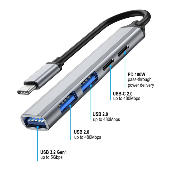Ewent EW1149 USB-C hub, 5 ports, USB 3.2 Gen1, PD 100W, grey.