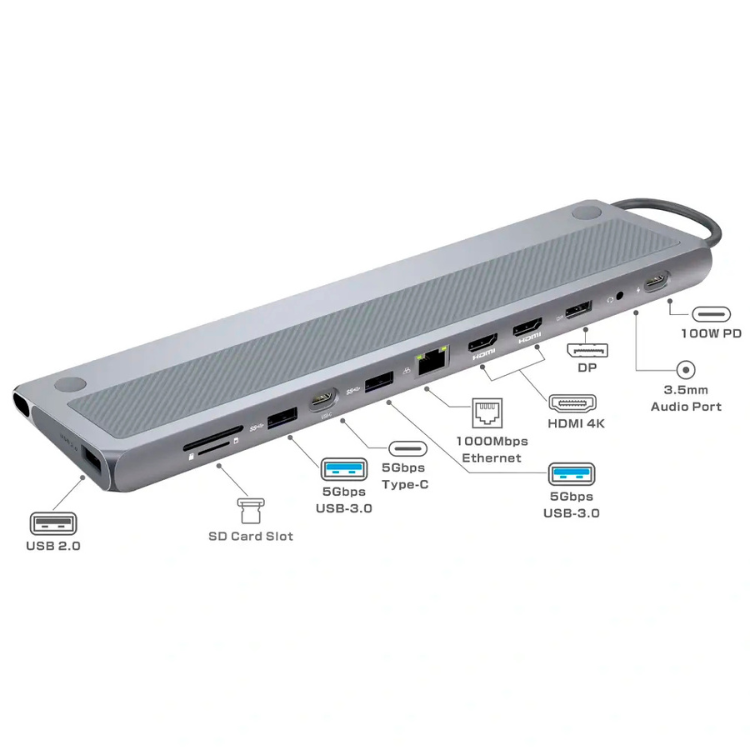Hub Ewent EW1150 USB-C 12-em-1 Cinzento