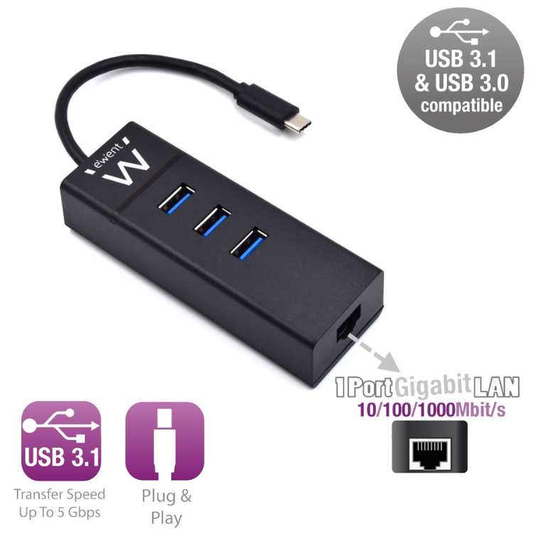 Hub Ewent 3x USB-C p/ USB-A + Rede Gigabit