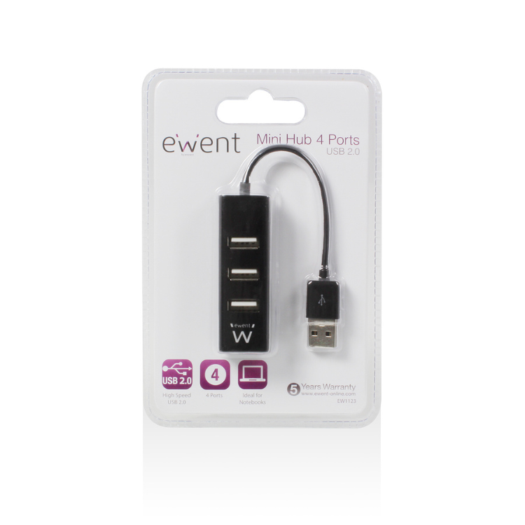 Hub USB 4 Portas USB 2.0 Ewent Preto