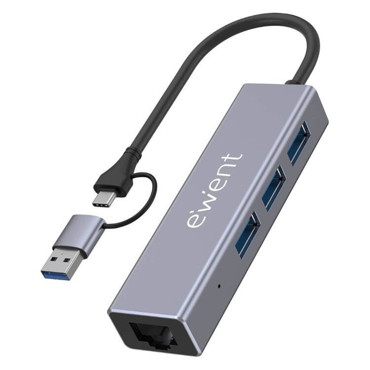 Hub Ewent EW1159 USB-A/C 3 Portas USB-A 3.2 Gen 1 + 1 Porta RJ45 Gigabit