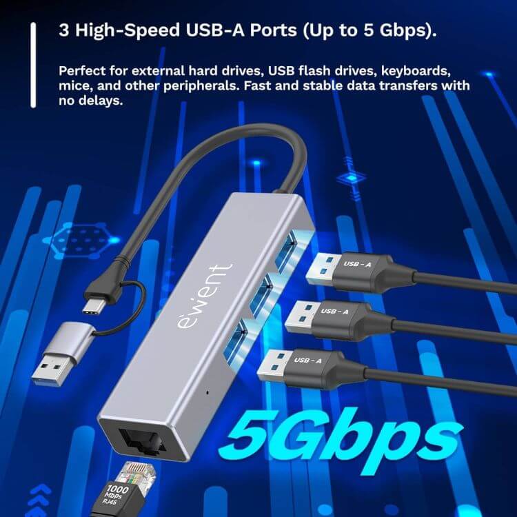 Hub Ewent EW1159 USB-A/C 3 Portas USB-A 3.2 Gen 1 + 1 Porta RJ45 Gigabit