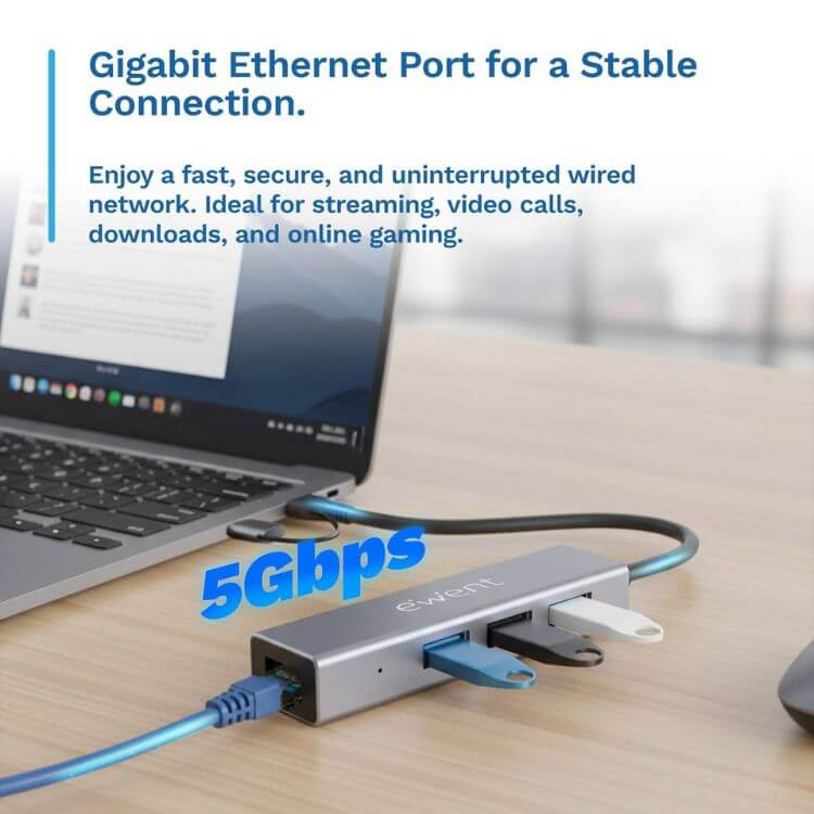 Hub Ewent EW1159 USB-A/C 3 Portas USB-A 3.2 Gen 1 + 1 Porta RJ45 Gigabit