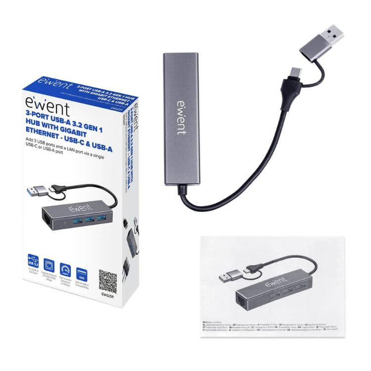 Hub Ewent EW1159 USB-A/C 3 Portas USB-A 3.2 Gen 1 + 1 Porta RJ45 Gigabit