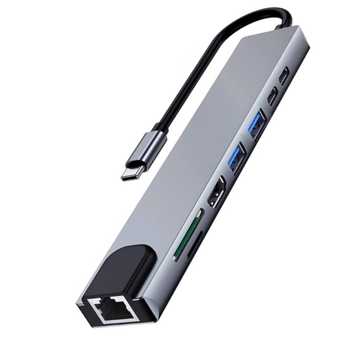 Ewent EW1146 8-Port USB-C hub, gray, with multiple USB ports and Ethernet connector.