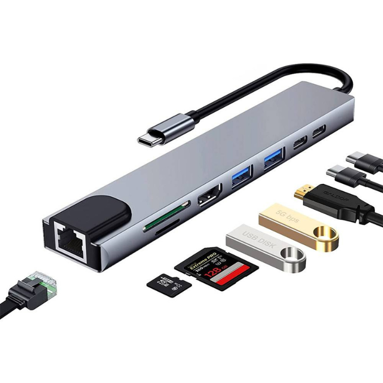 Ewent EW1146 8-Port USB-C hub, gray, with various devices and cables.
