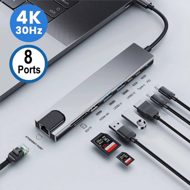 Ewent 8-port USB-C hub, silver, with various ports and cables, supports 4K 30Hz.