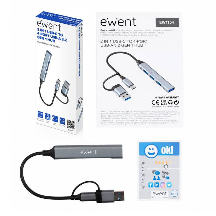 Hub USB-C Ewent EW1154 4x Portas (1x USB-A 3.2 Gen 1 + 3x USB-A 2.0)