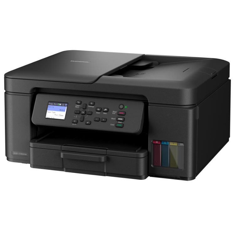 Black Brother DCP-T780DW inkjet multifunction printer with color display and Wi-Fi.