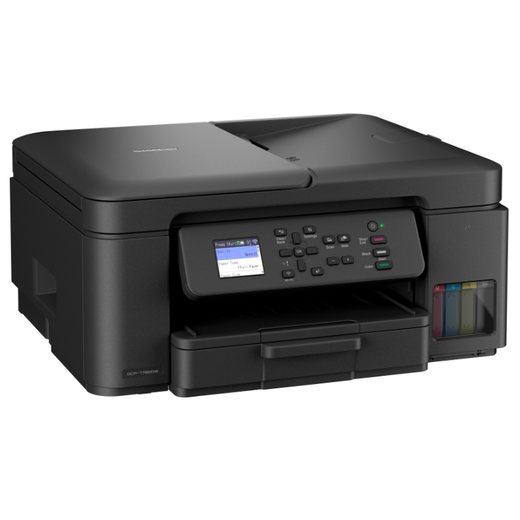 Black Brother DCP-T780DW inkjet multifunction printer with Wi-Fi, touchscreen display, and color ink tanks.