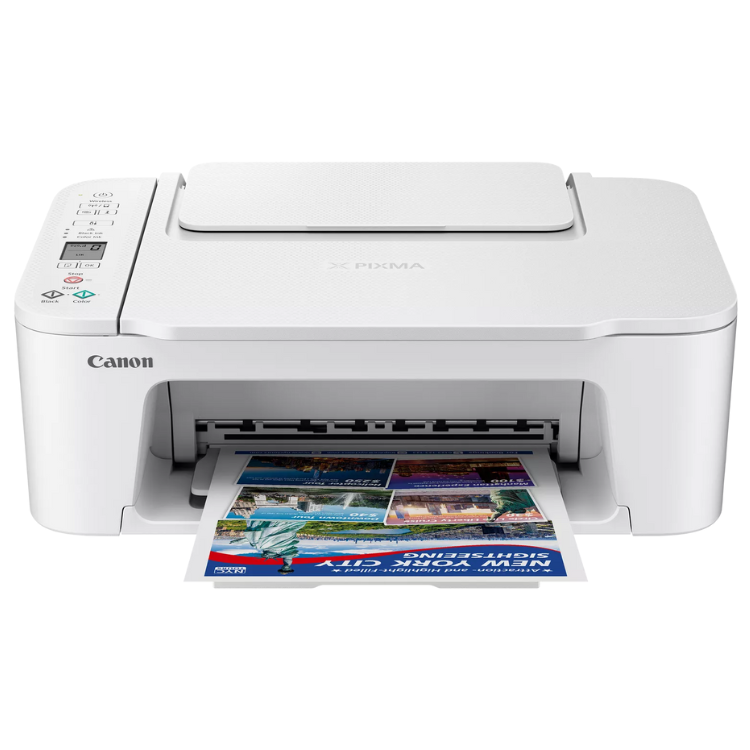Canon PIXMA TS3751i white inkjet multifunction printer with paper output.