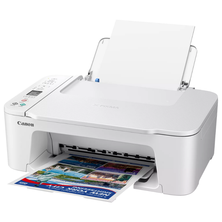 Canon PIXMA TS3751i white inkjet multifunction printer with paper output.