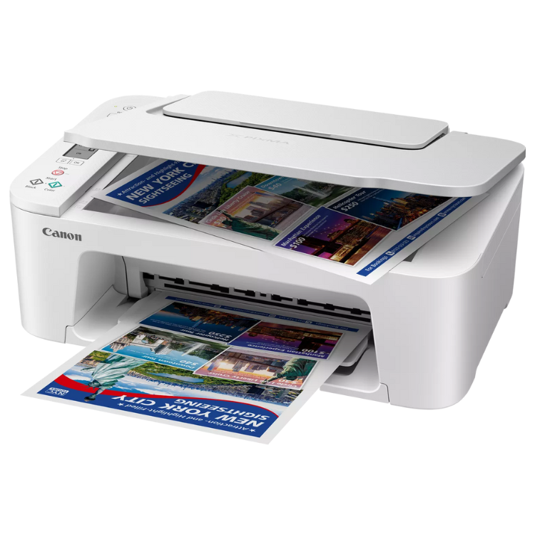 Canon PIXMA TS3751i white inkjet multifunction printer printing colorful brochures.