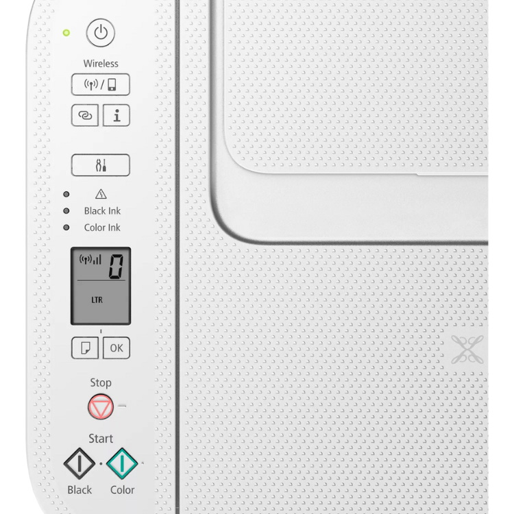 Canon Pixma TS3751i white inkjet printer control panel with buttons and LCD screen.