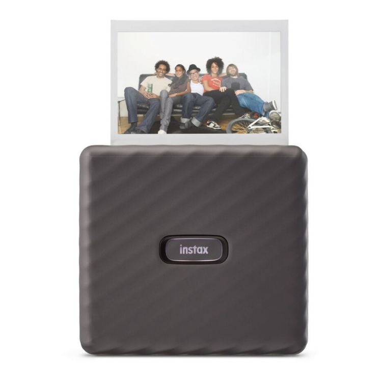 Fujifilm Instax Link Wide printer, gray, with photo emerging.