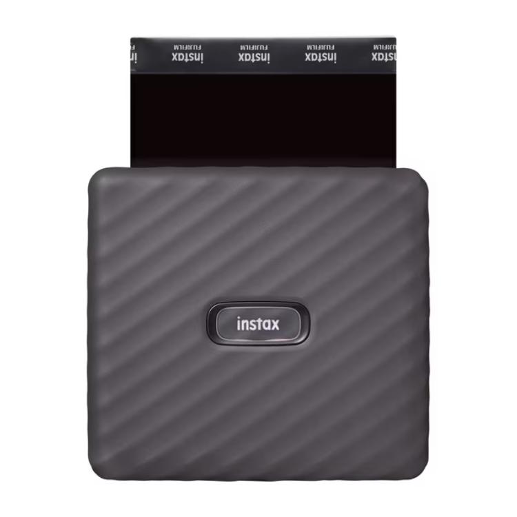 Fujifilm Instax Link Wide gray instant printer with Instax logo.
