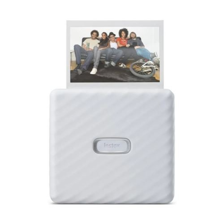 Fujifilm Instax Link Wide printer, white, printing photo of five people on motorcycle.