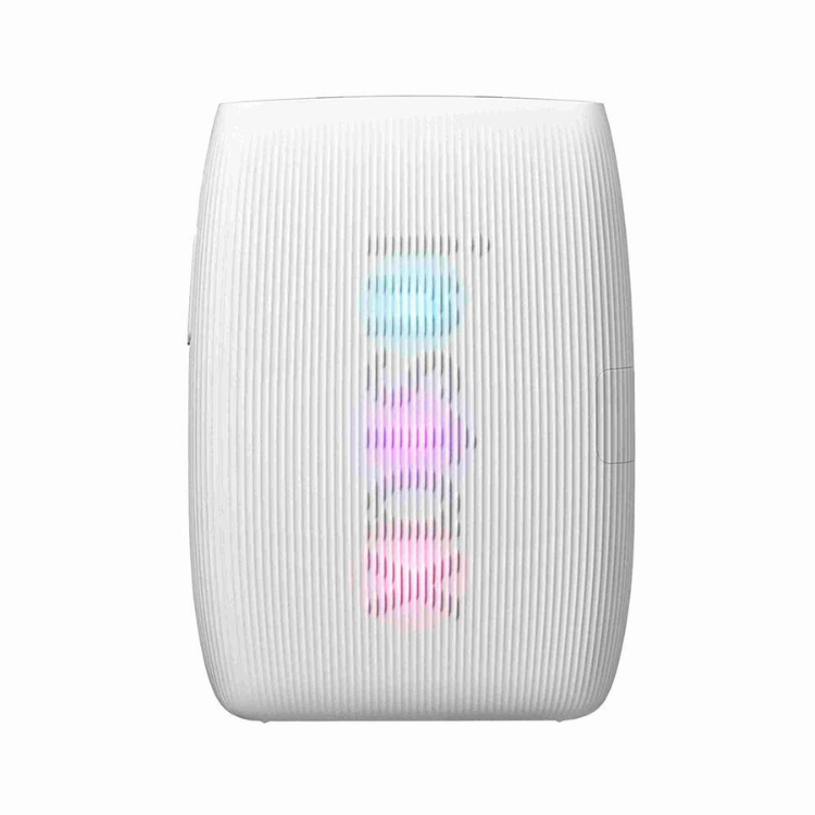 White Fujifilm Instax Mini Link 3 instant printer with ribbed texture and colorful lights.