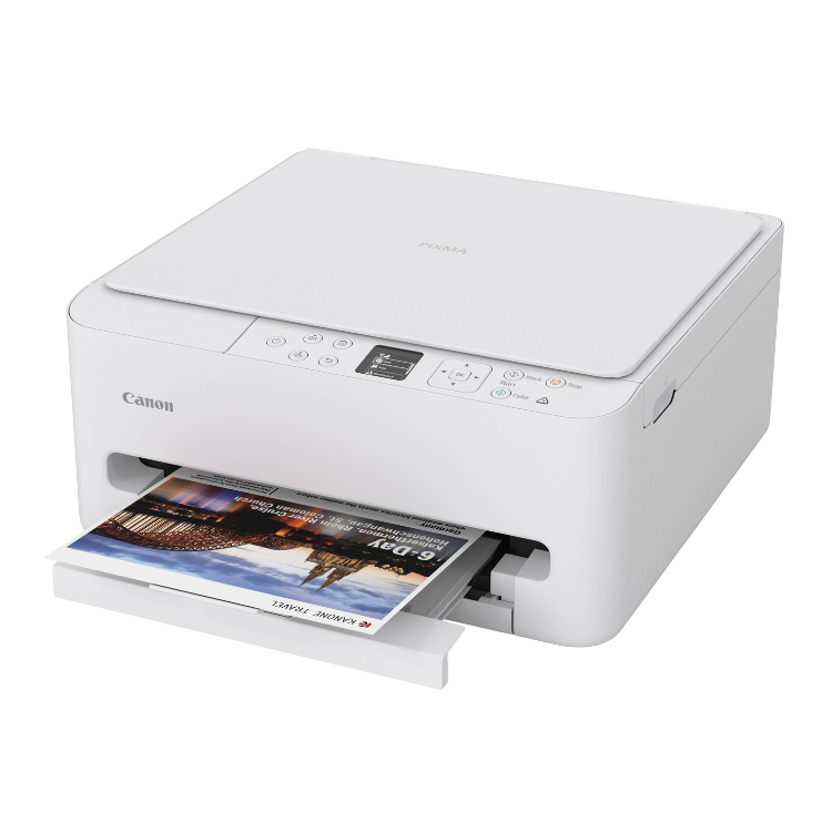 Canon PIXMA TS6550i white inkjet printer with paper output tray extended.