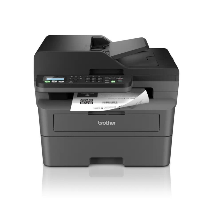 Black Brother MFC-L2800DW laser multifunction printer with Wi-Fi, paper tray and control panel visible.