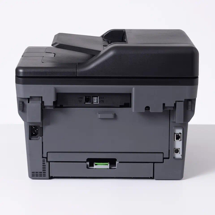 Brother MFC-L2800DW laser multifunction printer, rear view, black and gray.
