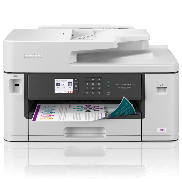 Brother MFC-J5340DWE A3 inkjet multifunction printer, white, with touchscreen display and paper tray open.