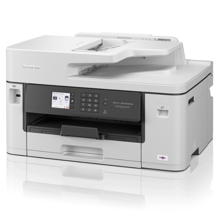 Brother MFC-J5340DWE white inkjet multifunction printer with touchscreen display and Wi-Fi.
