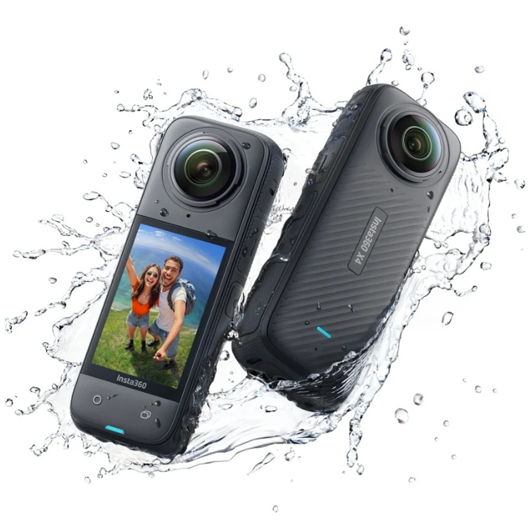 Insta360 X4 black action camera, one with screen showing couple, surrounded by water splashes.