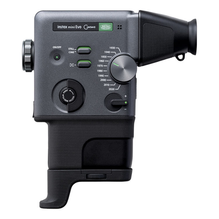 Black Instax Mini EVO Cinema camera with dials and buttons.