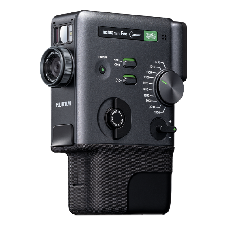 Black Fujifilm Instax Mini EVO Cinema instant camera with lens and dials.