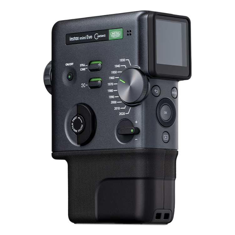 Black Instax Mini EVO Cinema camera with green accents and LCD screen