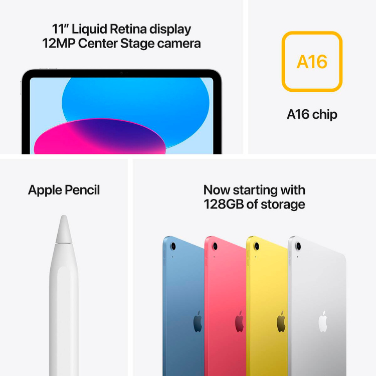 Tablet Apple iPad 2025 11ª Geração, ecrã Liquid Retina 11", processador A16, 128GB, várias cores incluindo Prateado.