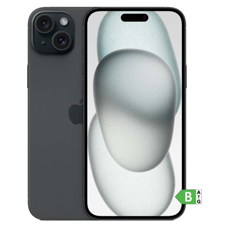 iPhone 15 preto, 128GB, ecrã ligado com imagem abstrata, câmaras duplas na parte de trás.