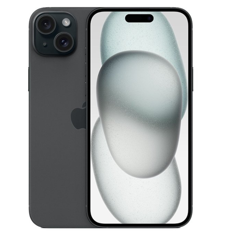 iPhone 15 preto, 128GB, ecrã ligado mostrando imagem abstrata, câmaras duplas e logótipo Apple.