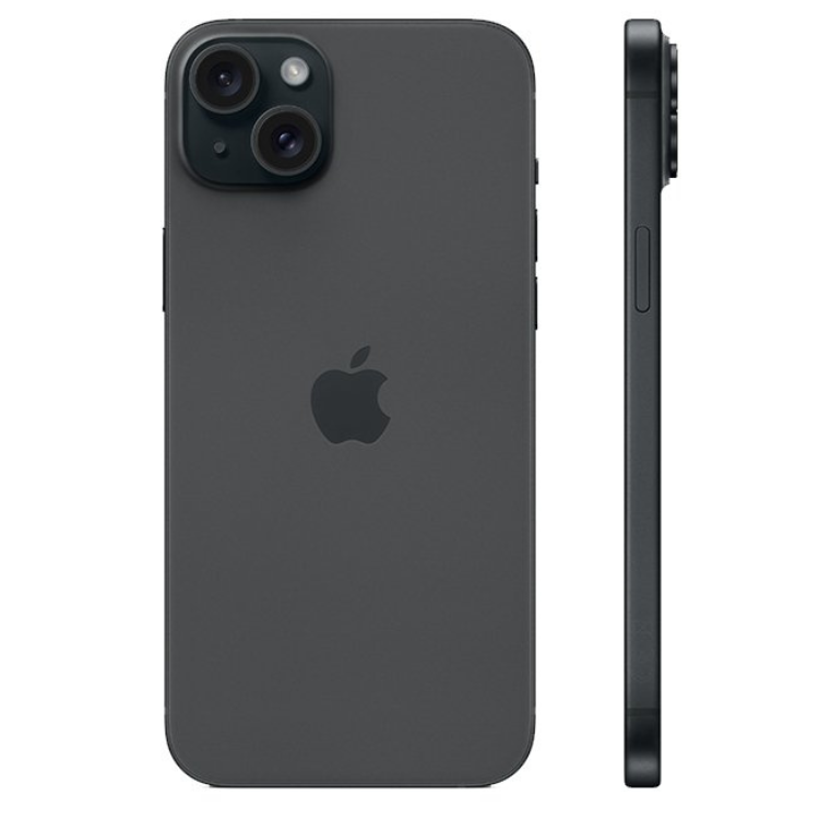 iPhone 15 Apple preto 128GB, vista traseira e lateral, com logótipo Apple e câmeras duplas.