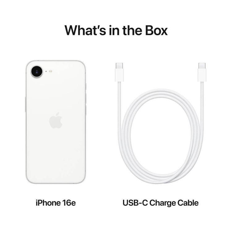 iPhone 16e branco, smartphone Apple com ecrã e processador não especificados, 128GB, com câmera dupla e cabo USB-C.