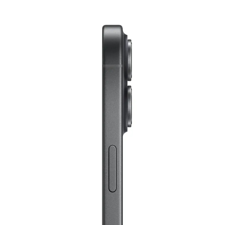 iPhone 17, preto, lado direito com câmaras e botão lateral.