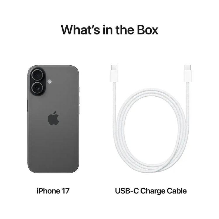 iPhone 17 preto, smartphone Apple com câmaras duplas e cabo USB-C.