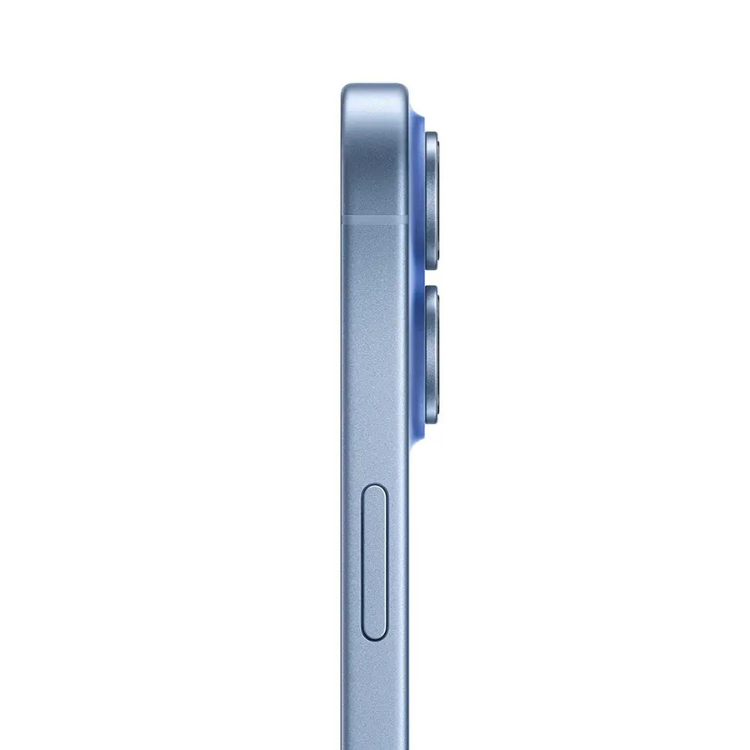 iPhone 17 Azul, lado direito com câmaras triplas e botão lateral.