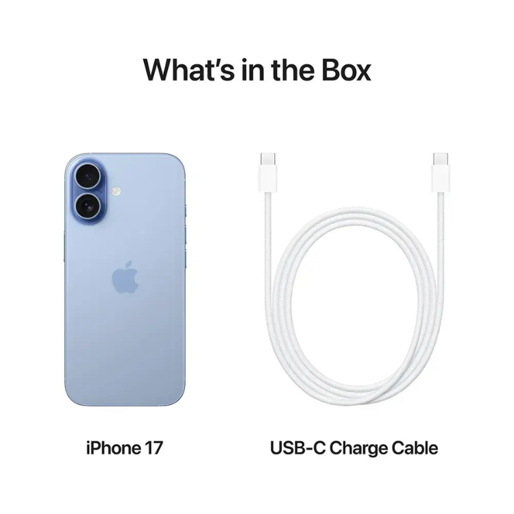 iPhone 17 Azul, smartphone Apple com câmaras duplas e cabo USB-C.