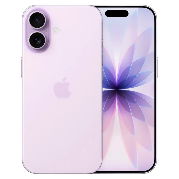 iPhone 17, cor lavanda, smartphone Apple com ecrã e dupla câmara.