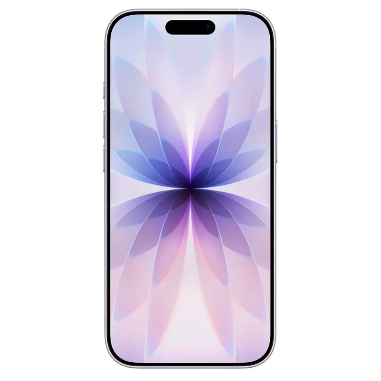 iPhone 17, ecrã com imagem de flor violeta e lavanda, cor lavanda.