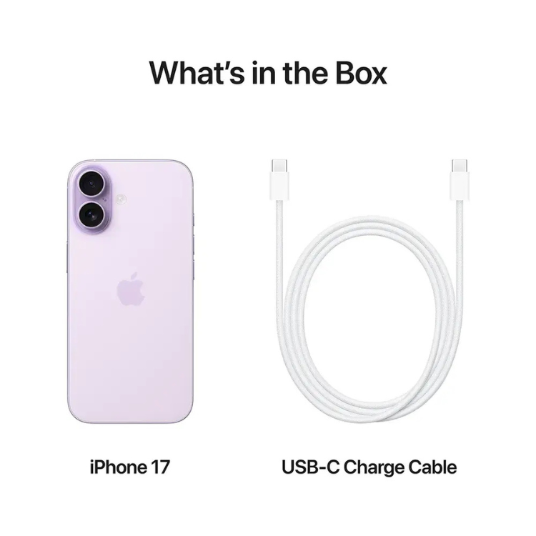 iPhone 17 lavanda, smartphone Apple com câmera dupla e cabo USB-C.