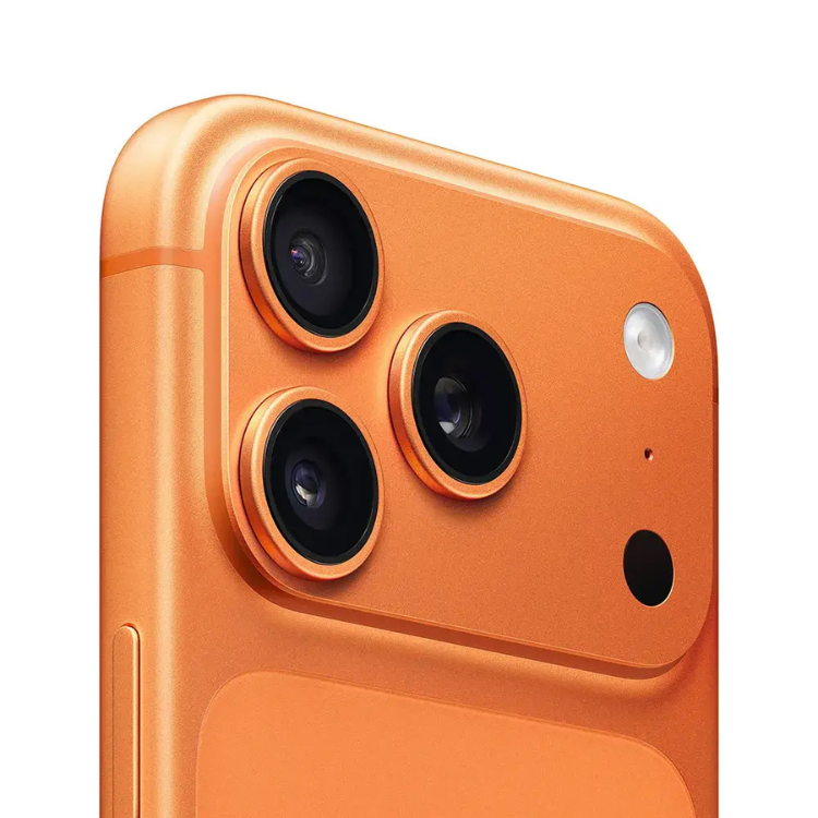 iPhone 17 Pro Max cor laranja, câmaras triplas e flash.